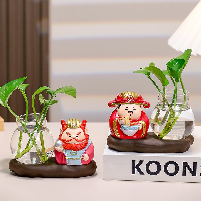 Decorațiune de birou din rășină Zhong Kui, cu vază hidroponică și cei cinci zei ai bogăției