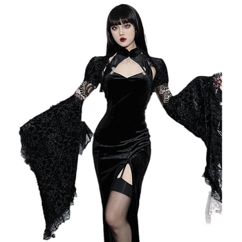 Γυναικεία μπλούζα από πολυεστέρα, μονόχρωμη, γοτθικού στυλ, με μανίκια καμπάνα και γιακά μίας γραμμής