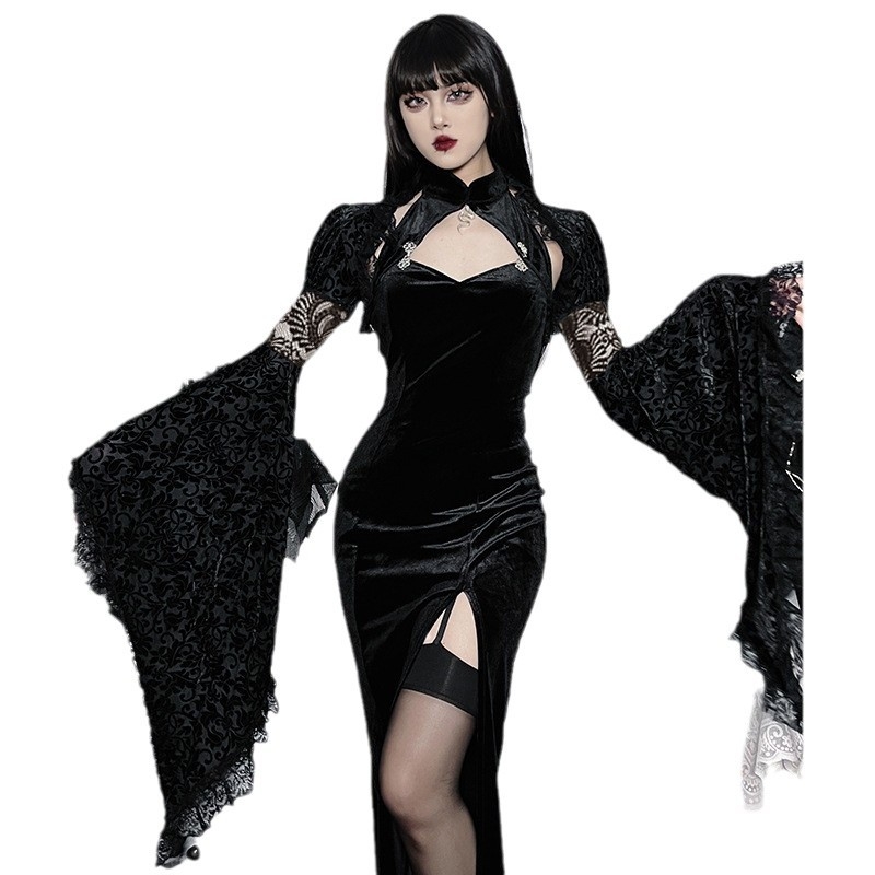 Γυναικεία μπλούζα από πολυεστέρα, μονόχρωμη, γοτθικού στυλ, με μανίκια καμπάνα και γιακά μίας γραμμής