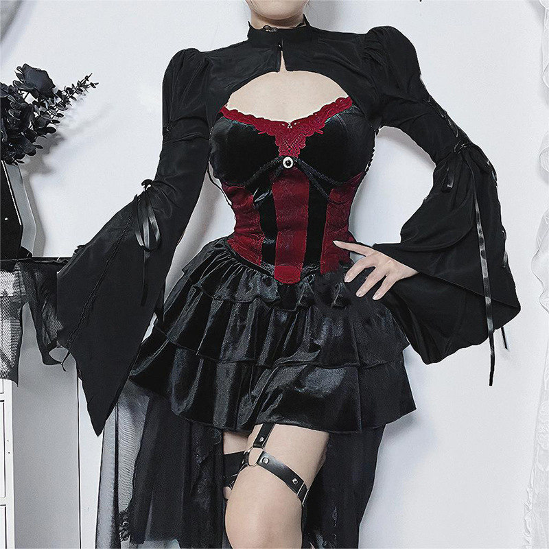 Γυναικεία μπλούζα από πολυεστέρα, μονόχρωμη, γοτθικού στυλ, με μανίκια καμπάνα και γιακά μίας γραμμής