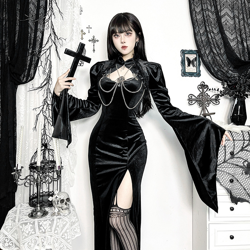 Γυναικεία μπλούζα από πολυεστέρα, μονόχρωμη, γοτθικού στυλ, με μανίκια καμπάνα και γιακά μίας γραμμής