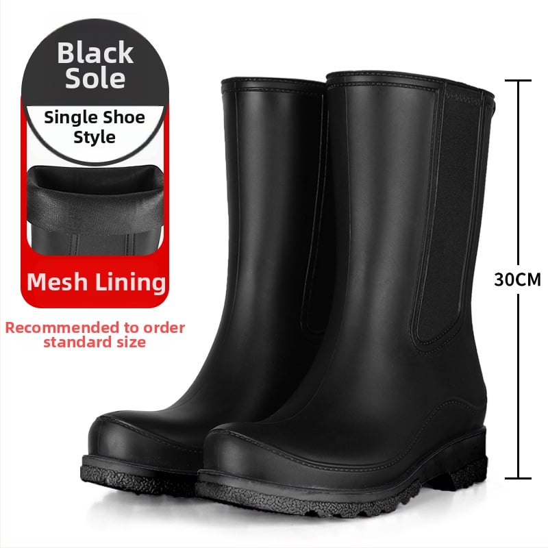 Γυναικείες μπότες βροχής PVC – χωρίς κορδόνια, μέτριο μήκος μέχρι γάμπα, αδιάβροχες, αντιολισθητικές, χαμηλό τακούνι 1–3 cm