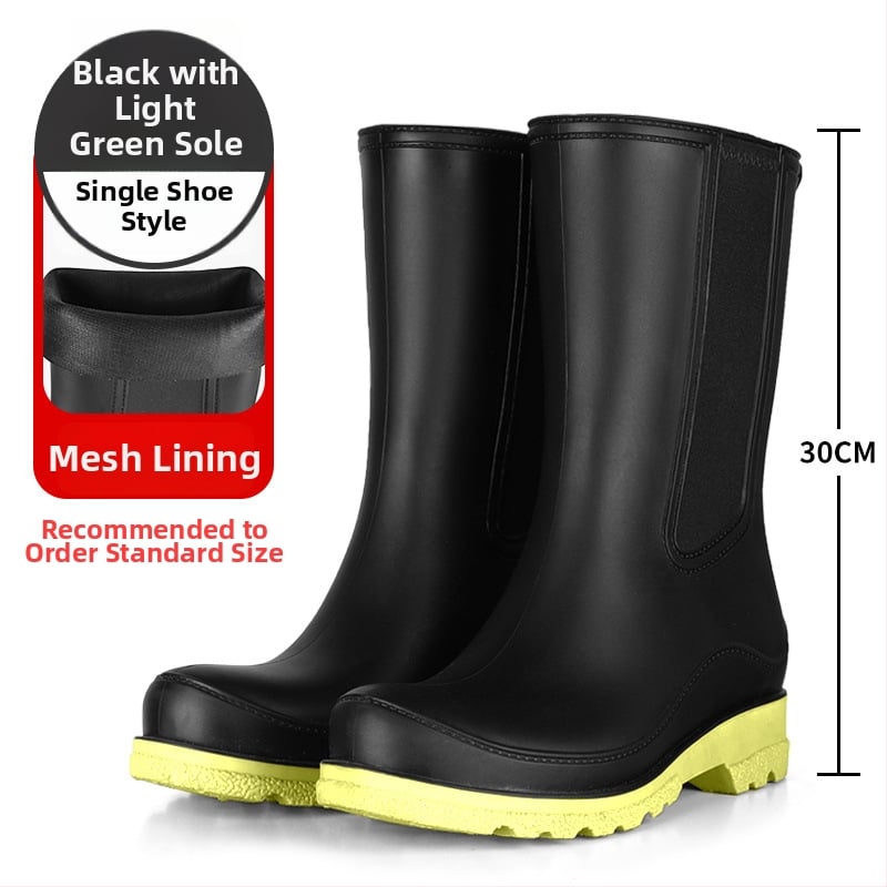 Γυναικείες μπότες βροχής PVC – χωρίς κορδόνια, μέτριο μήκος μέχρι γάμπα, αδιάβροχες, αντιολισθητικές, χαμηλό τακούνι 1–3 cm