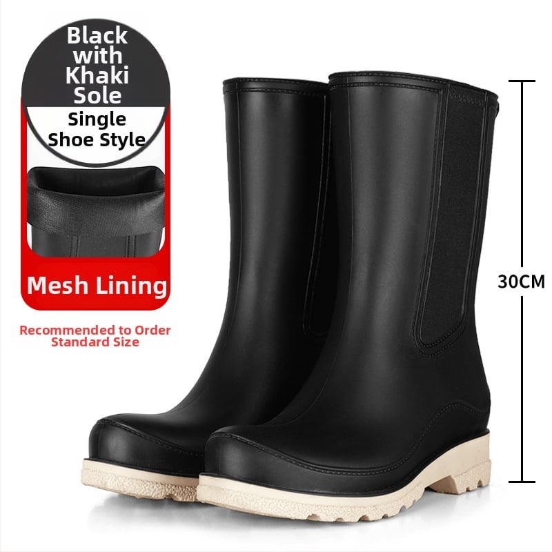 Γυναικείες μπότες βροχής PVC – χωρίς κορδόνια, μέτριο μήκος μέχρι γάμπα, αδιάβροχες, αντιολισθητικές, χαμηλό τακούνι 1–3 cm