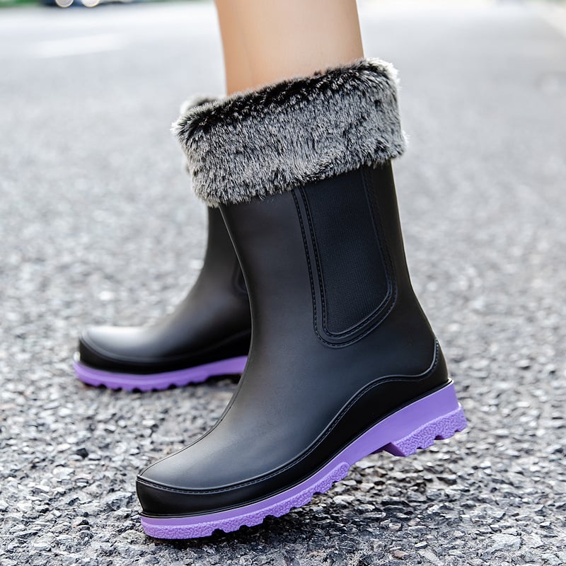 Γυναικείες μπότες βροχής PVC – χωρίς κορδόνια, μέτριο μήκος μέχρι γάμπα, αδιάβροχες, αντιολισθητικές, χαμηλό τακούνι 1–3 cm