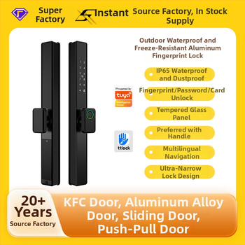 Умна брава за алуминиева врата с двойно разпознаване: пръстов отпечатък, парола и карта; водоустойчива, тънък кант. Съхранява до 100 отпечатъка; над 100000 отключвания; сканиране <0.05 сек; материал: алуминиева сплав.