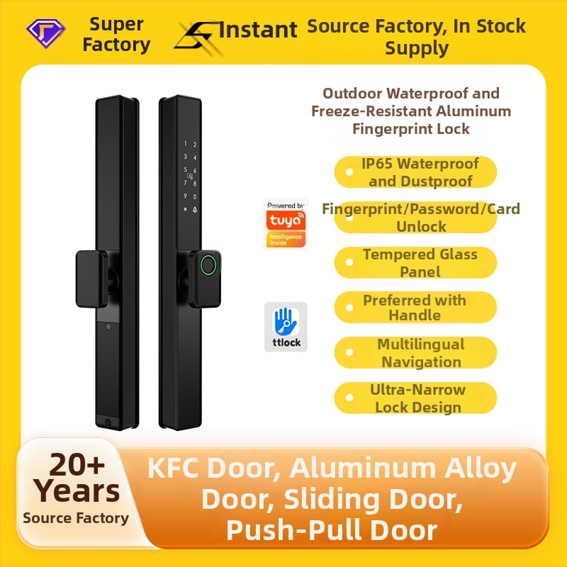 Умна брава за алуминиева врата с двойно разпознаване: пръстов отпечатък, парола и карта; водоустойчива, тънък кант. Съхранява до 100 отпечатъка; над 100000 отключвания; сканиране <0.05 сек; материал: алуминиева сплав.