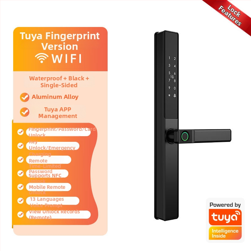 Умна брава за алуминиева врата с двойно разпознаване: пръстов отпечатък, парола и карта; водоустойчива, тънък кант. Съхранява до 100 отпечатъка; над 100000 отключвания; сканиране <0.05 сек; материал: алуминиева сплав.