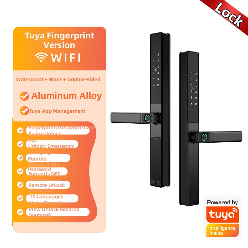 Умна брава за алуминиева врата с двойно разпознаване: пръстов отпечатък, парола и карта; водоустойчива, тънък кант. Съхранява до 100 отпечатъка; над 100000 отключвания; сканиране <0.05 сек; материал: алуминиева сплав.