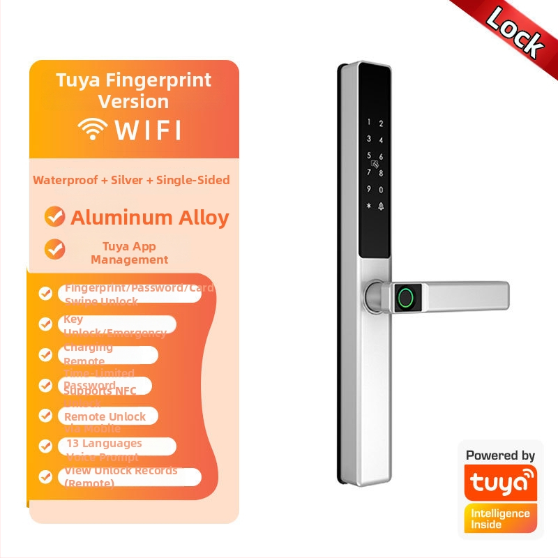 Умна брава за алуминиева врата с двойно разпознаване: пръстов отпечатък, парола и карта; водоустойчива, тънък кант. Съхранява до 100 отпечатъка; над 100000 отключвания; сканиране <0.05 сек; материал: алуминиева сплав.