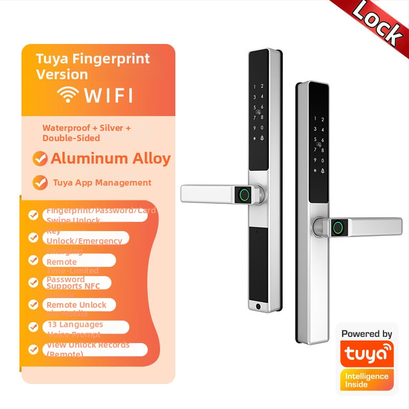 Умна брава за алуминиева врата с двойно разпознаване: пръстов отпечатък, парола и карта; водоустойчива, тънък кант. Съхранява до 100 отпечатъка; над 100000 отключвания; сканиране <0.05 сек; материал: алуминиева сплав.