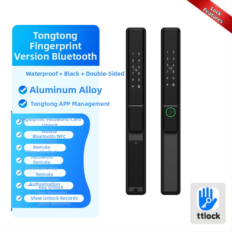 Умна брава за алуминиева врата с двойно разпознаване: пръстов отпечатък, парола и карта; водоустойчива, тънък кант. Съхранява до 100 отпечатъка; над 100000 отключвания; сканиране <0.05 сек; материал: алуминиева сплав.