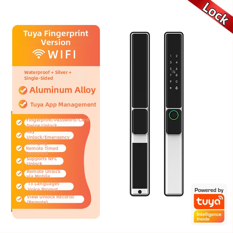 Умна брава за алуминиева врата с двойно разпознаване: пръстов отпечатък, парола и карта; водоустойчива, тънък кант. Съхранява до 100 отпечатъка; над 100000 отключвания; сканиране <0.05 сек; материал: алуминиева сплав.