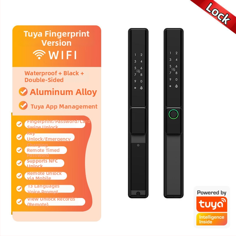 Умна брава за алуминиева врата с двойно разпознаване: пръстов отпечатък, парола и карта; водоустойчива, тънък кант. Съхранява до 100 отпечатъка; над 100000 отключвания; сканиране <0.05 сек; материал: алуминиева сплав.