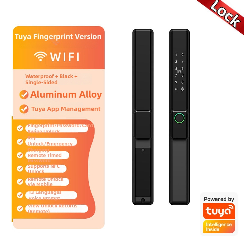 Умна брава за алуминиева врата с двойно разпознаване: пръстов отпечатък, парола и карта; водоустойчива, тънък кант. Съхранява до 100 отпечатъка; над 100000 отключвания; сканиране <0.05 сек; материал: алуминиева сплав.