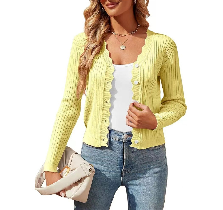 Ζακέτα από βισκόζη με V-λαιμό, μακριά μανίκια, κοντό μήκος