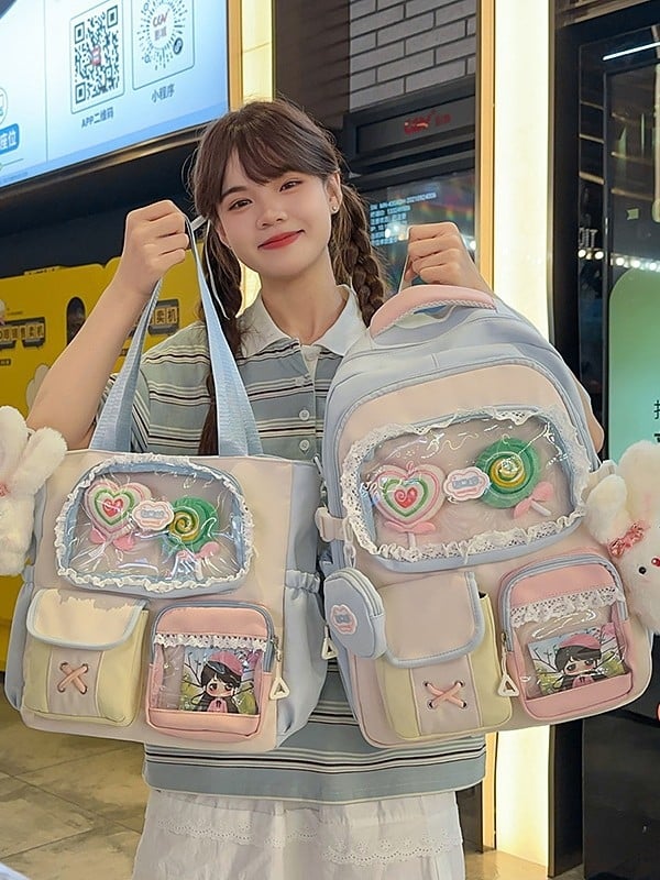 Σακίδιο σε στυλ campus για νέες με δαντελένιες λεπτομέρειες — νάιλον κατασκευή, αδιάβροχο, χωρητικότητα κάτω από 20 λίτρα, χωράει φορητό υπολογιστή μέχρι 10 ιντσών.