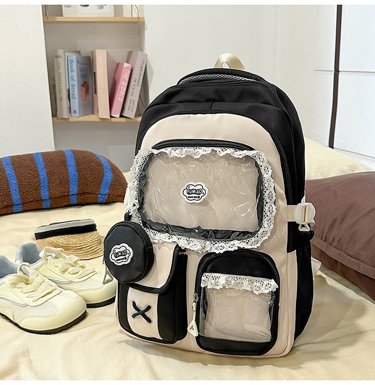 Σακίδιο σε στυλ campus για νέες με δαντελένιες λεπτομέρειες — νάιλον κατασκευή, αδιάβροχο, χωρητικότητα κάτω από 20 λίτρα, χωράει φορητό υπολογιστή μέχρι 10 ιντσών.