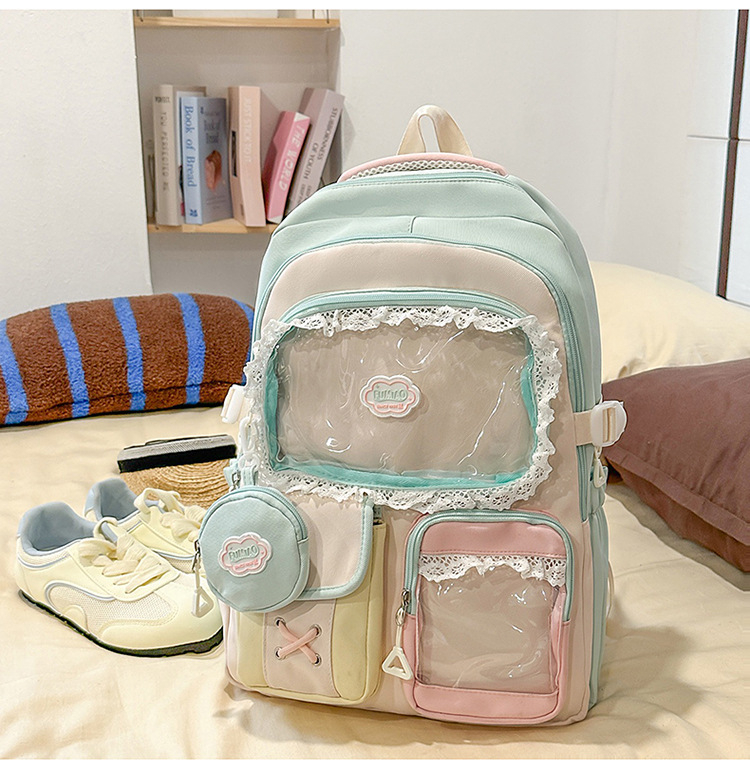 Σακίδιο σε στυλ campus για νέες με δαντελένιες λεπτομέρειες — νάιλον κατασκευή, αδιάβροχο, χωρητικότητα κάτω από 20 λίτρα, χωράει φορητό υπολογιστή μέχρι 10 ιντσών.