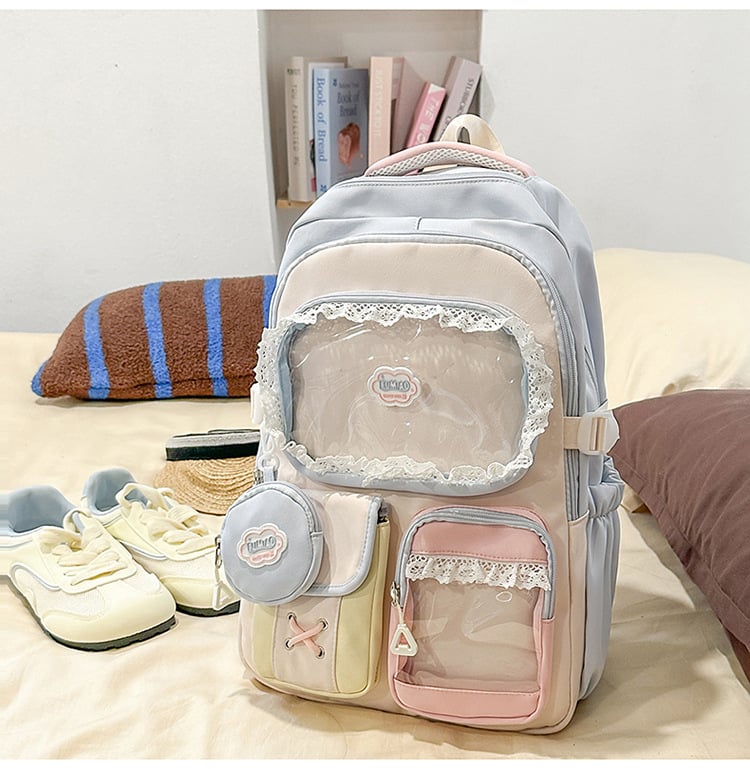 Σακίδιο σε στυλ campus για νέες με δαντελένιες λεπτομέρειες — νάιλον κατασκευή, αδιάβροχο, χωρητικότητα κάτω από 20 λίτρα, χωράει φορητό υπολογιστή μέχρι 10 ιντσών.