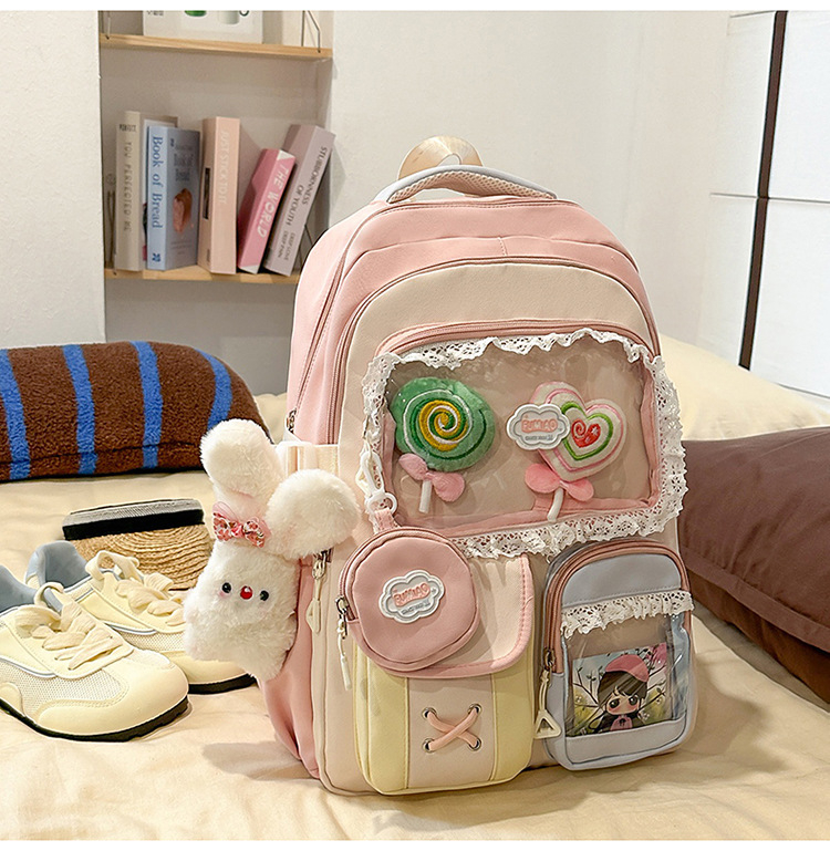 Σακίδιο σε στυλ campus για νέες με δαντελένιες λεπτομέρειες — νάιλον κατασκευή, αδιάβροχο, χωρητικότητα κάτω από 20 λίτρα, χωράει φορητό υπολογιστή μέχρι 10 ιντσών.