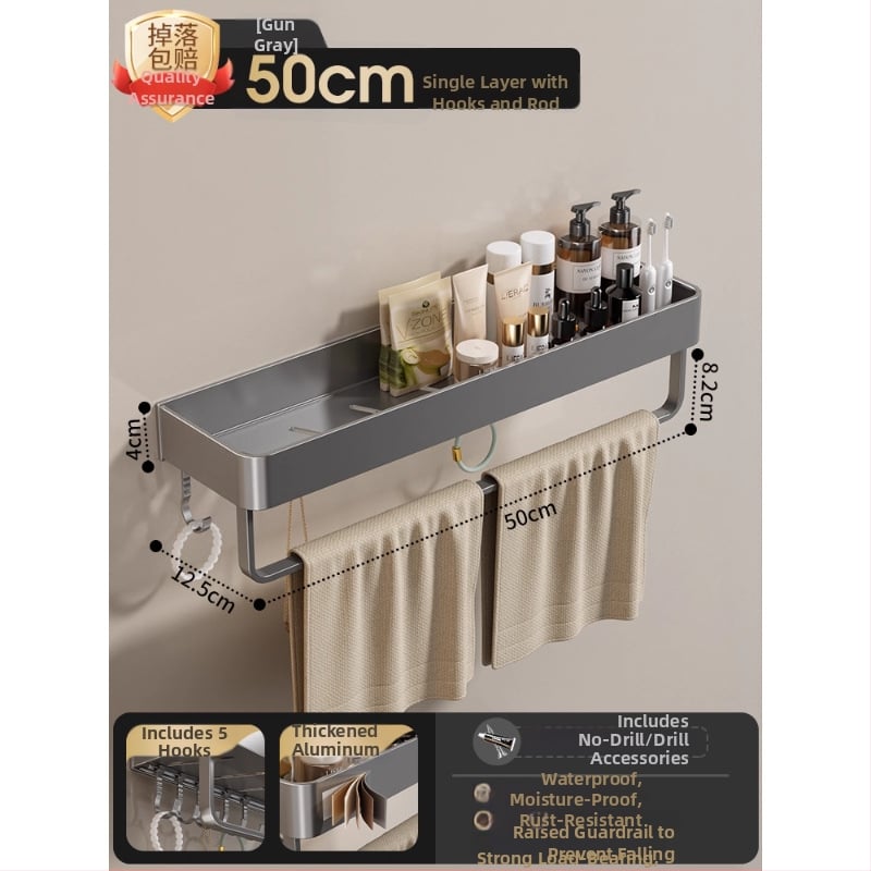 Raft montat pe perete pentru prosoape, fără găuri, din aliaj de aluminiu, tavă pliabilă, capacitate 10 kg