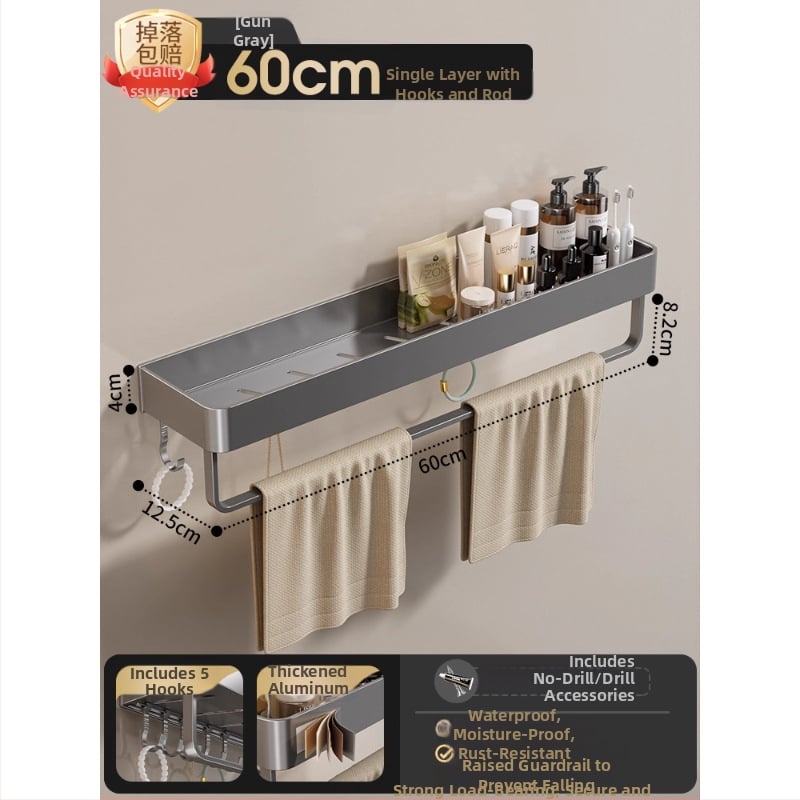 Raft montat pe perete pentru prosoape, fără găuri, din aliaj de aluminiu, tavă pliabilă, capacitate 10 kg