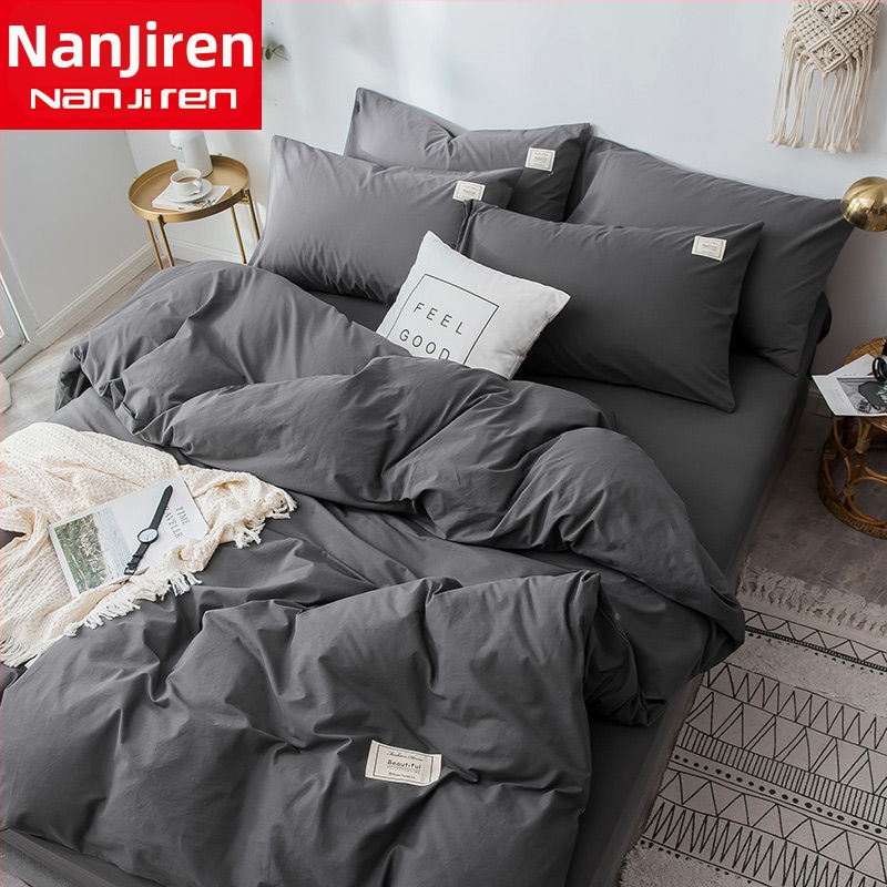 Set de lenjerie de pat din patru piese, în stil korean, design modern minimalist; material poliester, țesătură simplă, imprimare reactive și vopsire