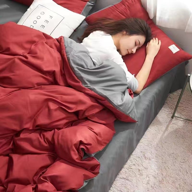 Set de lenjerie de pat din patru piese, în stil korean, design modern minimalist; material poliester, țesătură simplă, imprimare reactive și vopsire