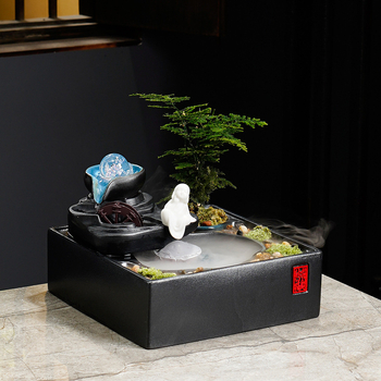 Kínai stílusú szerencse-szökőkút asztali használatra, kerámia, kézzel festett