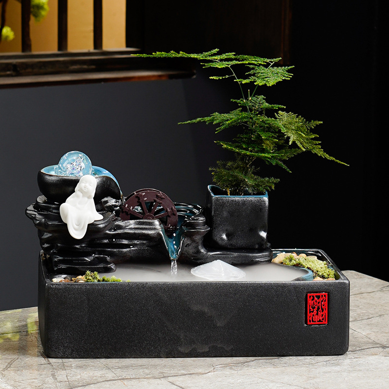 Kínai stílusú szerencse-szökőkút asztali használatra, kerámia, kézzel festett