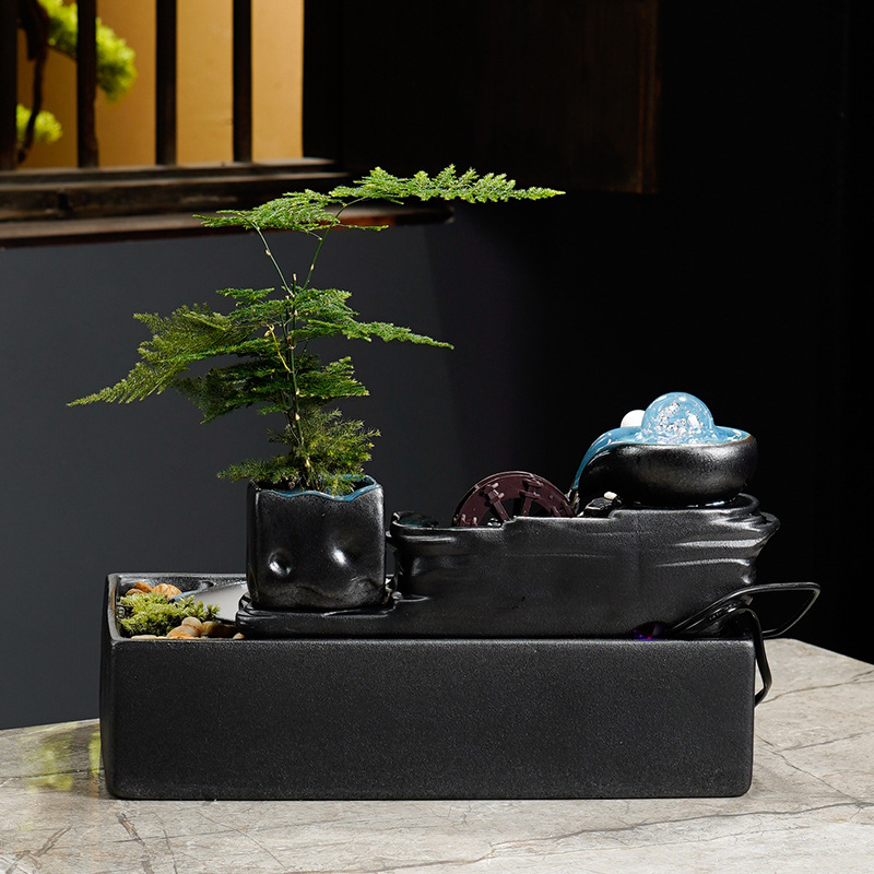 Kínai stílusú szerencse-szökőkút asztali használatra, kerámia, kézzel festett