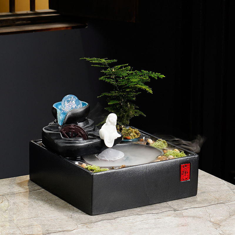 Kínai stílusú szerencse-szökőkút asztali használatra, kerámia, kézzel festett