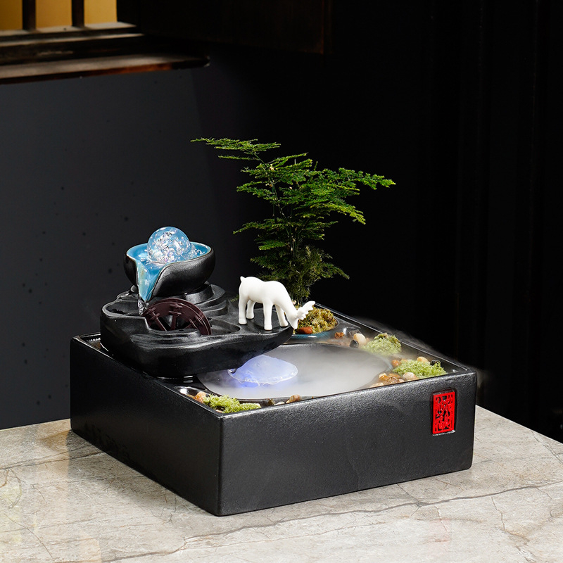 Kínai stílusú szerencse-szökőkút asztali használatra, kerámia, kézzel festett