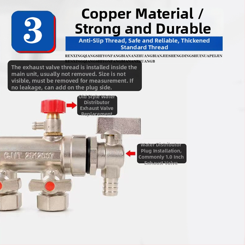 Meďový ventil k odvzdušneniu podlahového vykurovania s rozdeľovačom vody, ventil na uvoľnenie vzduchu a vypúšťacia zátka