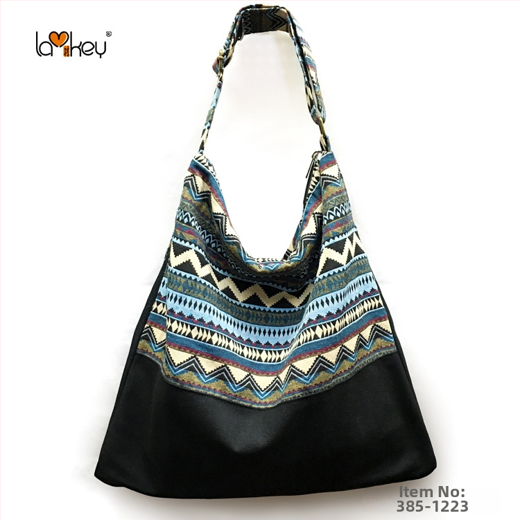 Női váll-táska etnikus stílussal, pamut anyag, csíkos minta, cipzáras nyitás, pamut bélés