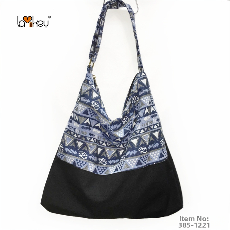 Női váll-táska etnikus stílussal, pamut anyag, csíkos minta, cipzáras nyitás, pamut bélés