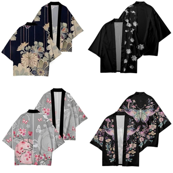 Férfi nyári kardigán-kimono 3/4 ujjú, növény- és rovarnyomás, digitális nyomtatás, poliészter 96%, rugalmas szövet