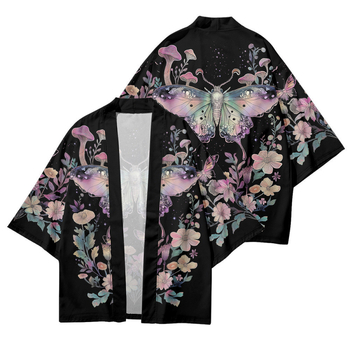 Férfi nyári kardigán-kimono 3/4 ujjú, növény- és rovarnyomás, digitális nyomtatás, poliészter 96%, rugalmas szövet