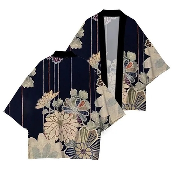 Férfi nyári kardigán-kimono 3/4 ujjú, növény- és rovarnyomás, digitális nyomtatás, poliészter 96%, rugalmas szövet