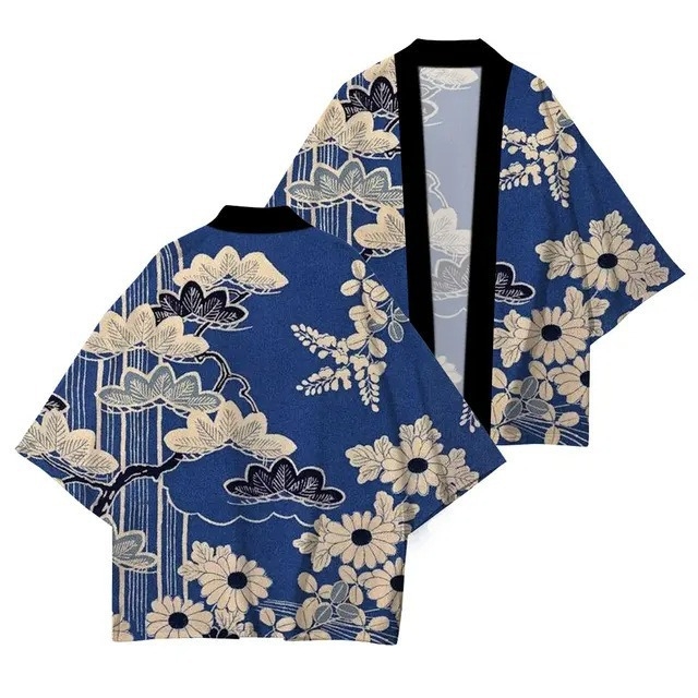 Férfi nyári kardigán-kimono 3/4 ujjú, növény- és rovarnyomás, digitális nyomtatás, poliészter 96%, rugalmas szövet