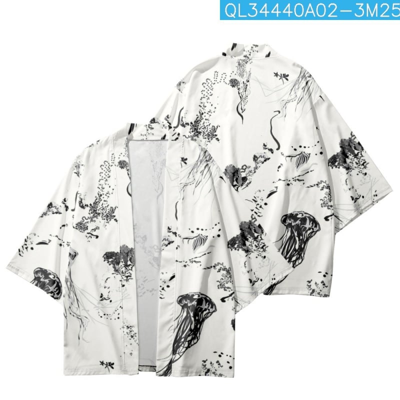 Férfi nyári kardigán-kimono 3/4 ujjú, növény- és rovarnyomás, digitális nyomtatás, poliészter 96%, rugalmas szövet