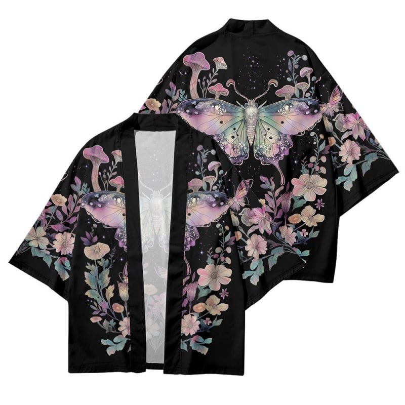 Férfi nyári kardigán-kimono 3/4 ujjú, növény- és rovarnyomás, digitális nyomtatás, poliészter 96%, rugalmas szövet