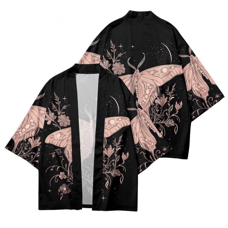 Férfi nyári kardigán-kimono 3/4 ujjú, növény- és rovarnyomás, digitális nyomtatás, poliészter 96%, rugalmas szövet