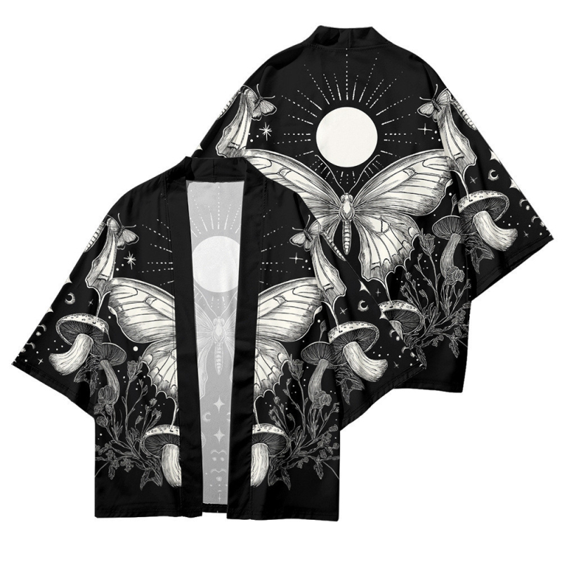 Férfi nyári kardigán-kimono 3/4 ujjú, növény- és rovarnyomás, digitális nyomtatás, poliészter 96%, rugalmas szövet