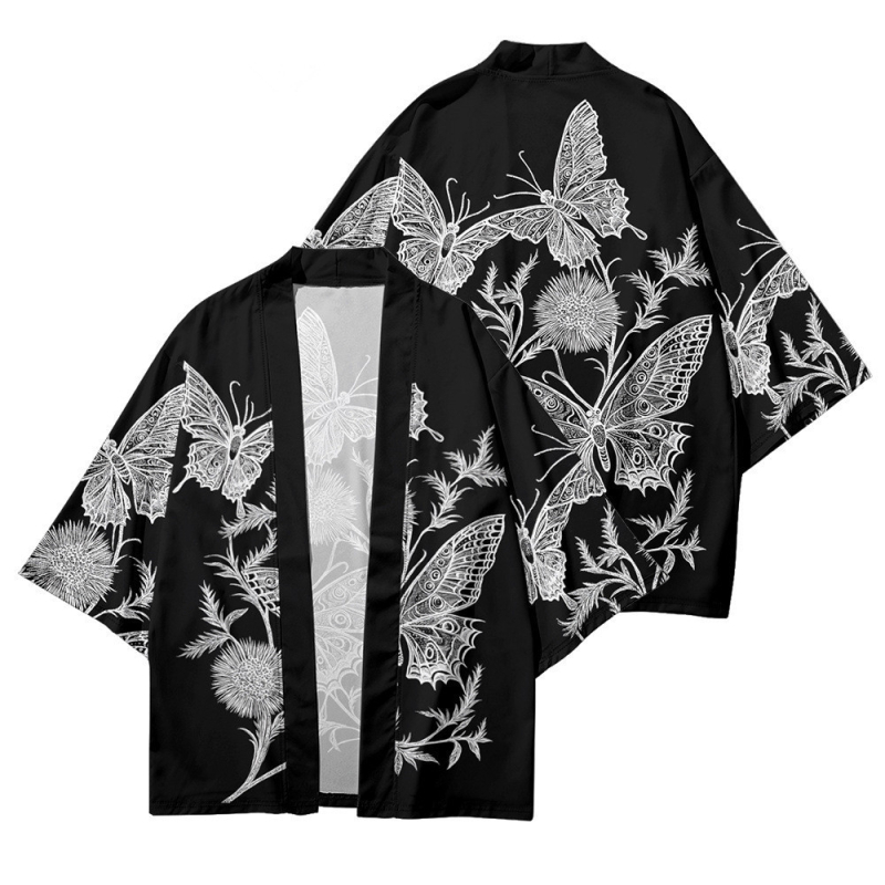 Férfi nyári kardigán-kimono 3/4 ujjú, növény- és rovarnyomás, digitális nyomtatás, poliészter 96%, rugalmas szövet