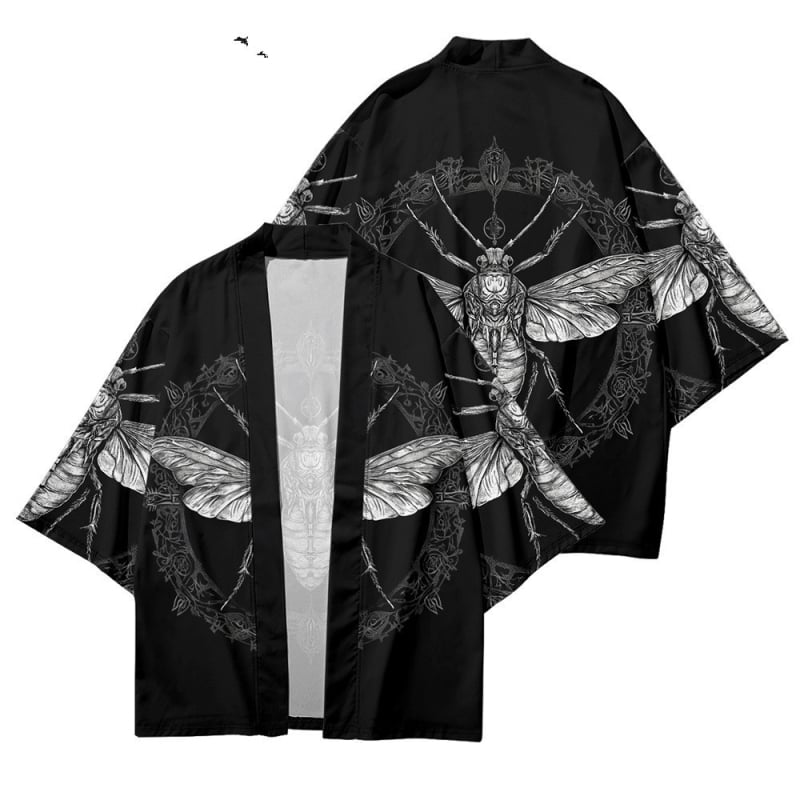 Férfi nyári kardigán-kimono 3/4 ujjú, növény- és rovarnyomás, digitális nyomtatás, poliészter 96%, rugalmas szövet