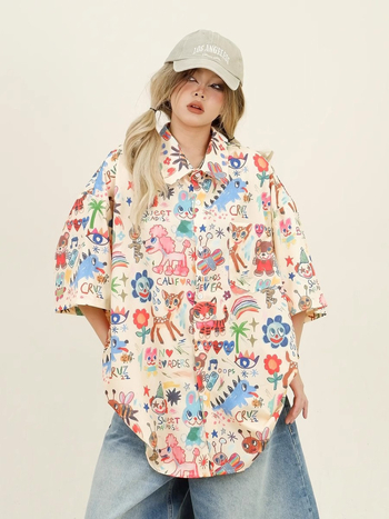 Női rövid ujjú ing Cartoon mintával, polo gallérral, poliészter, nyár 2025