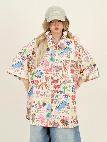 Női rövid ujjú ing Cartoon mintával, polo gallérral, poliészter, nyár 2025