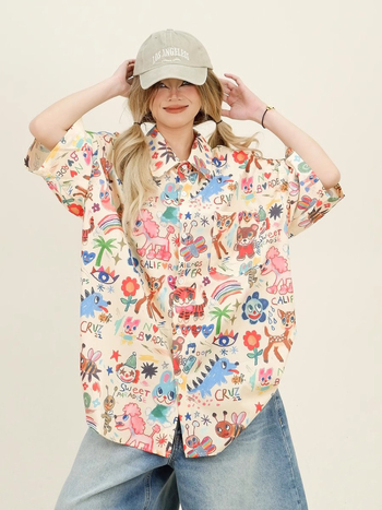 Női rövid ujjú ing Cartoon mintával, polo gallérral, poliészter, nyár 2025